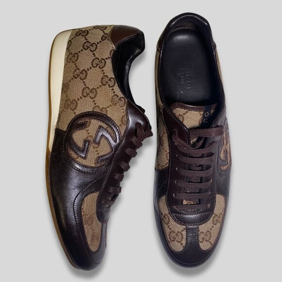 GUCCI Brown Monogram Leather Sneakers Size 38 - Picture 1 of 6